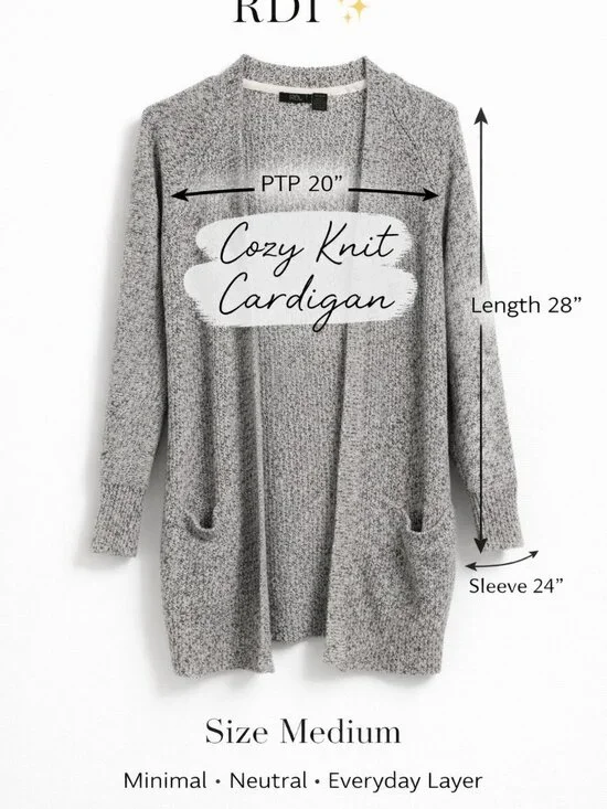 RDI Marled Knit Open Cardigan Size M Gray Elbow Patch Cozy Layering Sweater - Picture 3 of 13